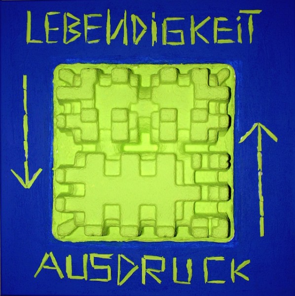 scr_25.jpg -  Jahr: 2011  Größe: 50x50 Werkzeuge: Pinsel,Pinzette,Spachtel  Materialien: Leinwand, Leimfarbe, Strukturpaste, Leim, Verpackungsmaterial (Pappe),  weisse, weiche Holzabschnitte welche bei Baumfällarbeiten durch die Motorsäge entstanden sind. Geschichte: .  