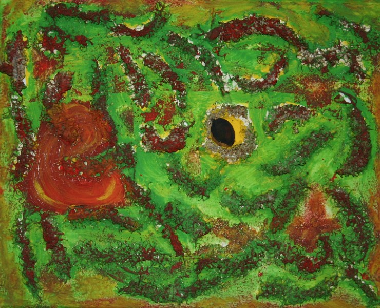 scr_27.jpg -  Jahr: 2011  Größe: 25x40 Werkzeuge: Pinsel,  Materialien: Leinwand, Leimfarbe, Strukturpaste, Baumblüten, Aprikosenkern Geschichte: .  