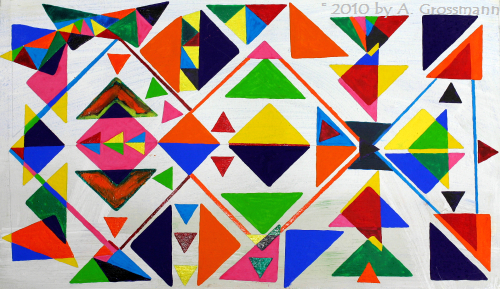 ib_p003_0_01.jpg -  Jahr: 2010  Größe: 60x35) Werkzeuge: Pinsel Materialien: Leinwand, Wasserfarben, Ölfarben, Leimfarben, Lackfarben Techniken: Fixierung mit organischer Textur Geschichte: Spielerei mit der Form „Das Dreieck“. Vielfalt einfacher Strukturen kombiniert mit den unterschiedlichsten Farben.  