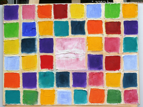 ib_p004_0_03.jpg -  Jahr: 2004  Größe: 60x80 Werkzeuge: Spachtel, Pinsel Materialien: Leinwand, Acrylfarbe, Strukturpaste, Gaze Techniken: Farbliche Grundierung, manuelle Fixierung der Gaze mit Strukturpaste, dabei wurde Wert auf Symmetrien gelegt Geschichte: Im Zentrum des Bildes befindet sich angedeutet das Fenster, der Eingang, Klar–grenzung soll betont werden! Die Vielfalt der Farbwahl ist unbedingt gewollt um Ansatzweise an das unermessliche Farbspecktrum der Seele zu erinnern. Nichts ist wie es scheint...  