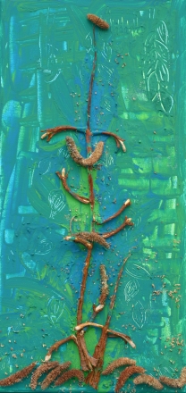 ib_p005_0_01.jpg -  Jahr: 2010 Größe: 30x50 Werkzeuge: Pinsel ,Stuckateureisen Materialien: Leinwand, Leimfarbe, Baumblüten, Stengel Techniken: Fixierung mit Leim und organischer Textur Geschichte: Plastische Darstellung, ein sich vorsichtiges Nähern im Ausdruck und in der Auseinander-setzung mit dem Tabuthema "Werden und Vergehen" unter Einbeziehung echter Jahres-zeitlicher Naturmaterialien.  