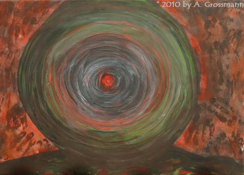 ib_p001_0_04.jpg -  Jahr: 2010  Größe: 50x70  Werkzeuge: Finger, Schwammrolle Materialien : Leinwand, Leimfarbe Geschichte: Von innen nach außen. Die Lebensspirale als Symbol für die Unendlichkeit. Der Versuch der Urmutter Gestalt zu geben aus dem Blickwinkel: die Erde ist eine Scheibe.  